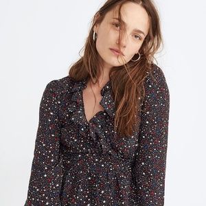 MADEWELL Silk Ruffle-Hem Wrap Top in Starry Night. Size M